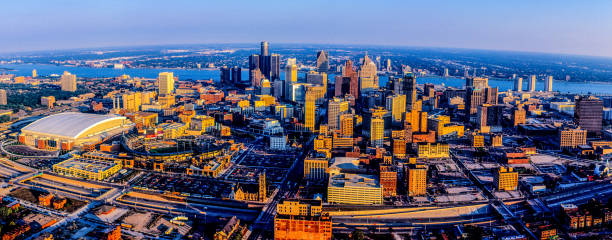 Detroit Skyline Aerial, MI Detroit Skyline Aerial, MI detroit michigan stock pictures, royalty-free photos & images
