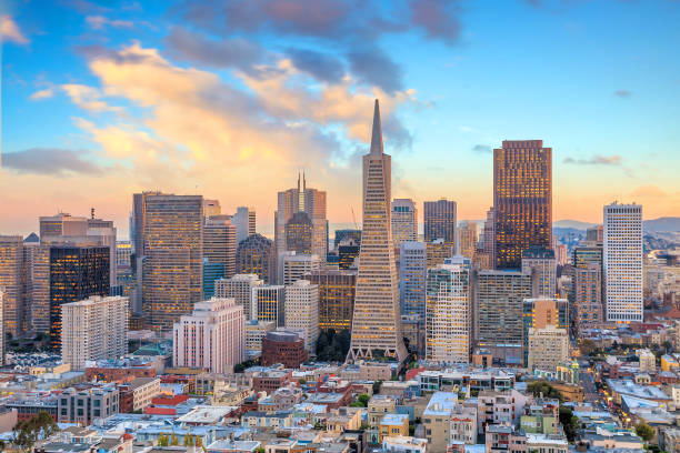 vista bonita do centro de negócios em san francisco da baixa - cityscape san francisco county city office building - fotografias e filmes do acervo