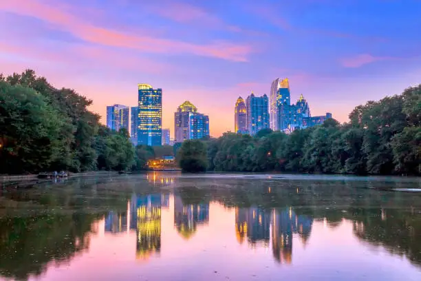 Atlanta, Georgia Skyline from Piedmont Park's Lake Meer.