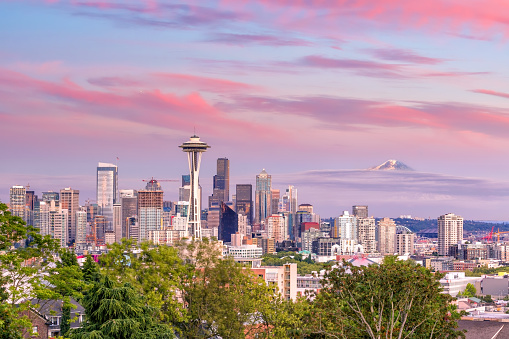 Seattle skyline panorama at sunset as seen from Kerry Park, Seattle, WA