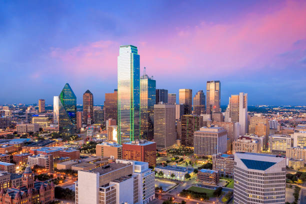 istock Dallas, Texas cityscape with blue sky at sunset 1130838136