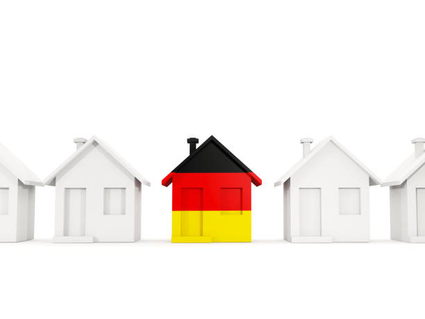 House with flag of germany in a row of white houses. Real estate concept. 3D illustration