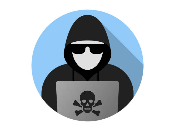 Hacker at laptop icon. Flat illustration of hacker at laptop vector icon for web design eps 10 hood stock illustrations