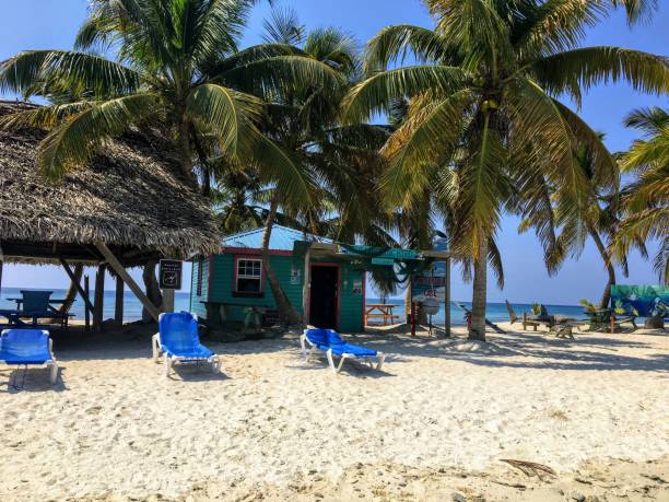 The beautiful view of laughing bird caye, a tiny tropical island in the carribean off the coast of Belize, situated on the belizean barrier reef. Laughing Bird Caye, Belize - May 31st, 2018: The beautiful view of laughing bird caye, a tiny tropical island in the carribean off the coast of Belize, situated on the belizean barrier reef. cay stock pictures, royalty-free photos & images