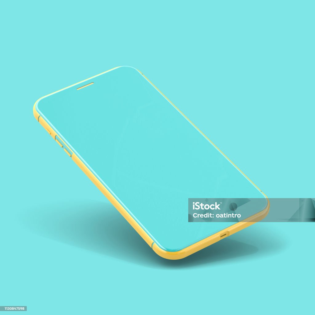 Smartphone Mockup yellow and blue color isolated Smartphone Mockup yellow and blue color isolated on blue background with clipping path. minimal idea concept, 3D Render. Mobile Phone Stock Photo