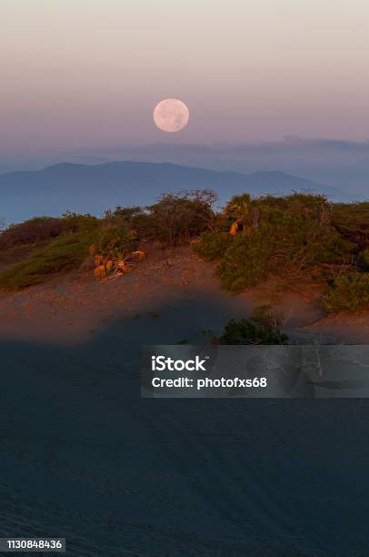 Moon Down Over Baní Dunes Stock Photo - Download Image Now - Adventure, Arid Climate, Astronomy