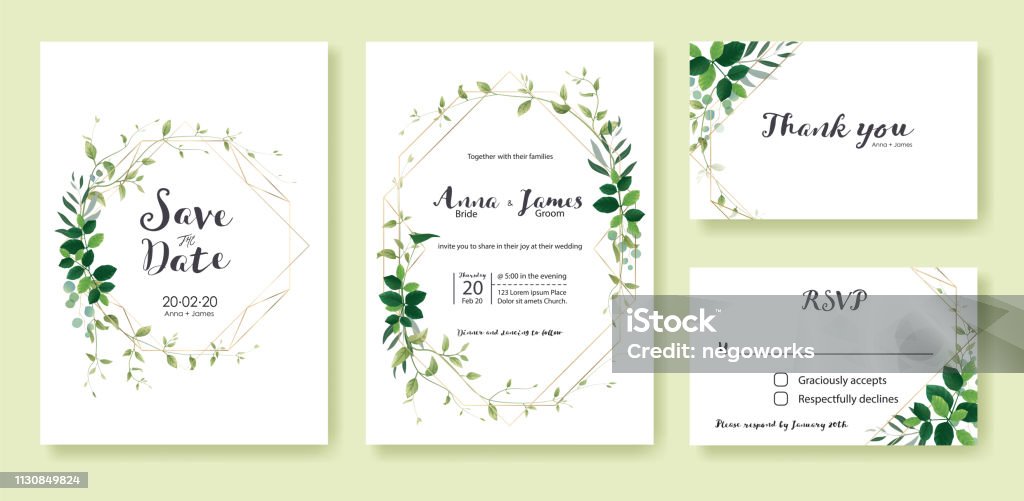 Greenery wedding Invitation, save the date, thank you, rsvp card Design template. Lemon leaf, silver dollar, olive leaves, Ivy plants. Greenery wedding Invitation, save the date, thank you, rsvp card Design template. Lemon leaf, silver dollar, olive leaves, Ivy plants. Vector. Olive Tree stock vector