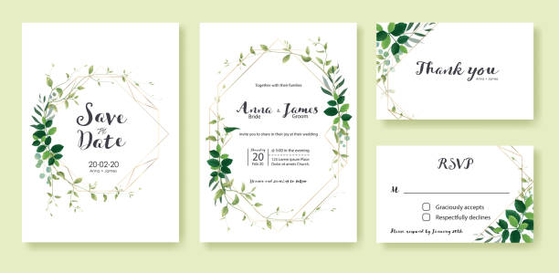 Greenery wedding Invitation, save the date, thank you, rsvp card Design template. Lemon leaf, silver dollar, olive leaves, Ivy plants. Greenery wedding Invitation, save the date, thank you, rsvp card Design template. Lemon leaf, silver dollar, olive leaves, Ivy plants. Vector. anniversary invitation backgrounds greeting card stock illustrations