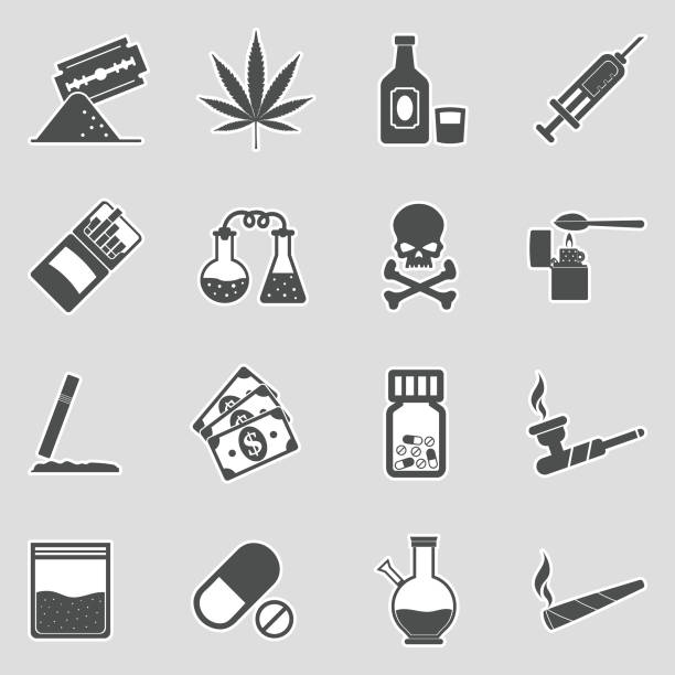 Drugs Icons. Sticker Design. Vector Illustration. Marijuana, Lsd, Methamphetamine, Cocaine, Heroin, Addict, Sticker drug cartel stock illustrations