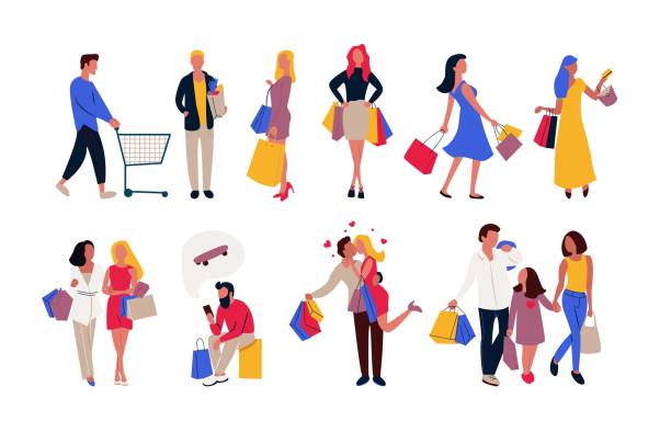 illustrazioni stock, clip art, cartoni animati e icone di tendenza di nuovo set di persone che trasportano borse della spesa con acquisti. uomini e donne che partecipano alla vendita stagionale in negozio, negozio, centro commerciale. spendere soldi. personaggi dei cartoni animati piatti isolati su sfondo bianco vector - shopping mall retail shopping sale