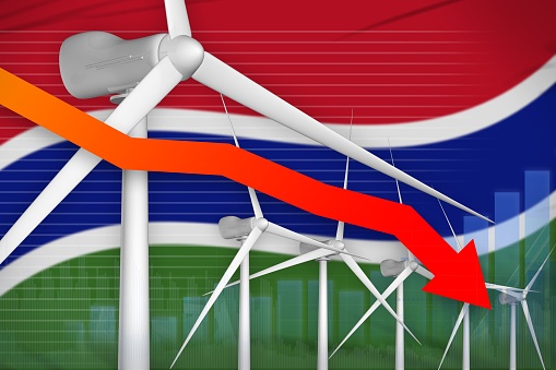Gambia wind energy power lowering chart, arrow down  - renewable energy industrial illustration. 3D Illustration