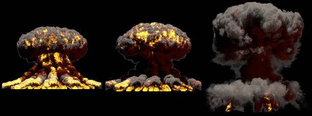 istock 3D illustration of explosion - 3 large different phases fire mushroom cloud explosion of atom bomb with smoke and flame isolated on black background 1130855131