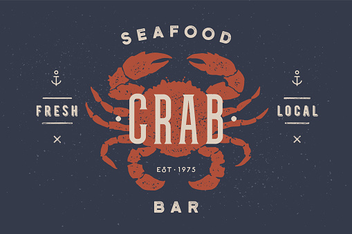 Crab, seafood, label teamplate. Vintage label with crab silhouette, abstract text, typography - Crab, Seafood, Bar. Label template for shop, market, restaurant - banner, menu. Vector Illustration