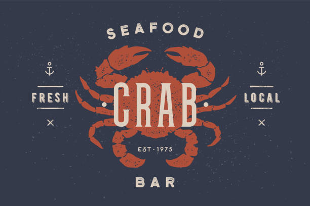 Crab, seafood, logo teamplate. Vintage logo with crab silhouette Crab, seafood, label teamplate. Vintage label with crab silhouette, abstract text, typography - Crab, Seafood, Bar. Label template for shop, market, restaurant - banner, menu. Vector Illustration seafood stock illustrations