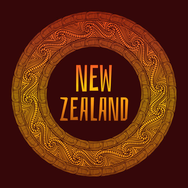 ilustraciones, imágenes clip art, dibujos animados e iconos de stock de nueva zelanda. ilustración vectorial. diseño de viaje con marco de adornos étnicos patrón. concepto tribal polinesio. - pattern maori tattoo indigenous culture