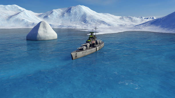 istock 3d illustration of a battleship in the Arctic ocean 1130856720