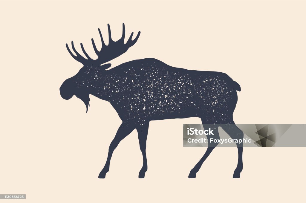 Moose, wild deer. Concept design of farm animals Moose, wild deer. Concept design of farm animals - Moose side view profile. Isolated black silhouette moose or wild deer on white background. Vintage retro print, poster, icon. Vector Illustration Moose stock vector