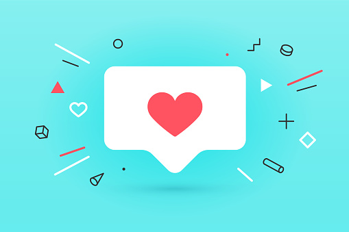 Notifications icon Like, speech bubble. Like icon with heart, one like and shadow for social network on red background. Speech bubble, poster and sticker concept for banner, web. Vector Illustration