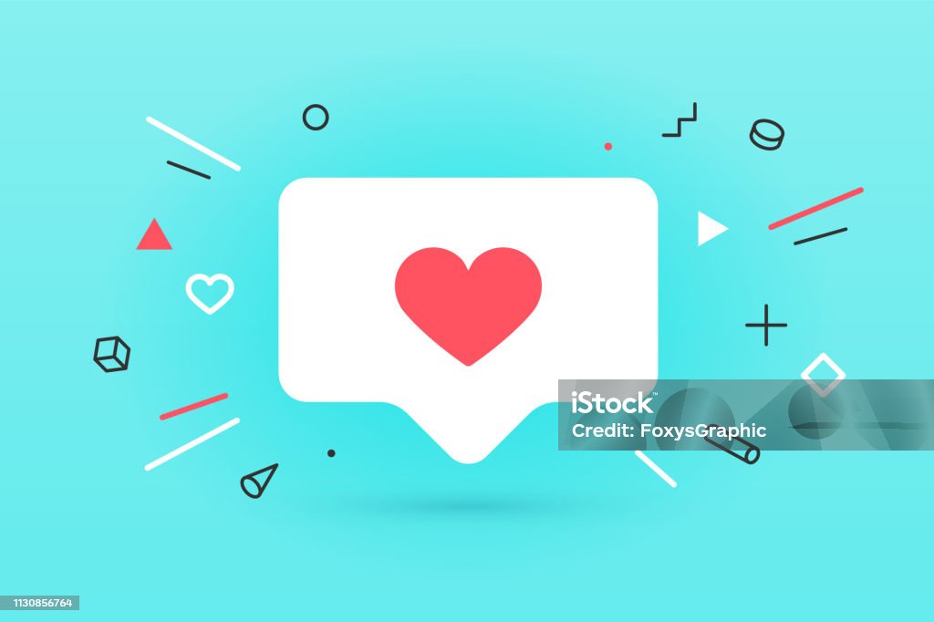 Notifications icon Like, speech bubble. Like icon with heart Notifications icon Like, speech bubble. Like icon with heart, one like and shadow for social network on red background. Speech bubble, poster and sticker concept for banner, web. Vector Illustration Social Media stock vector