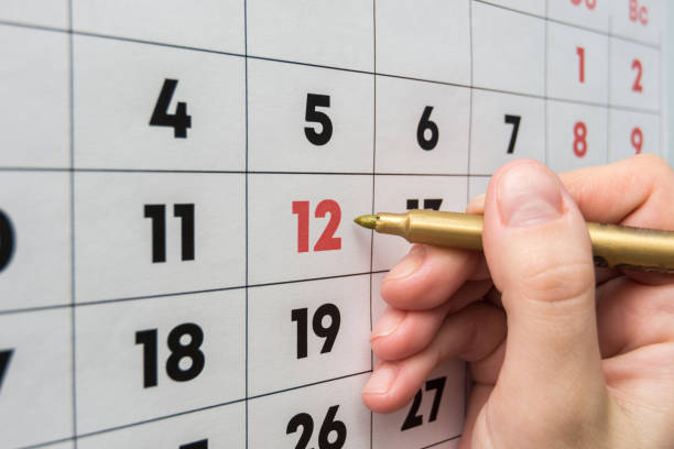 istock Hand marker indicates the 12th number in the wall calendar 1130857572