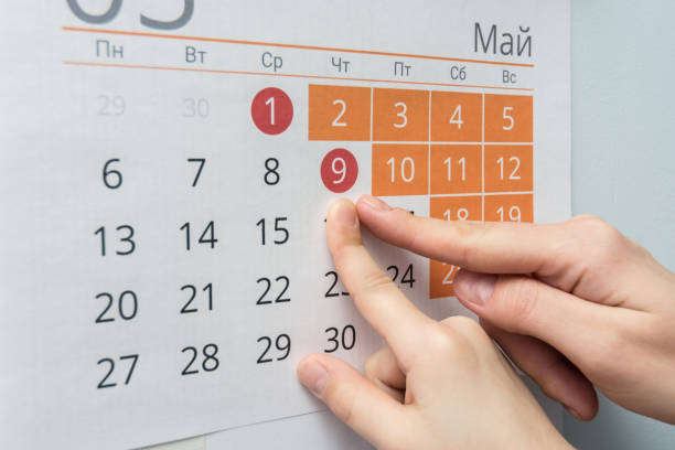 Child and adult hands indicate the date of May 9 wall calendar stock photo