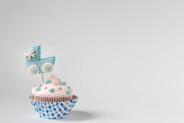 Baby shower cupcake for a boy. Newborn announcement concept. Text space
