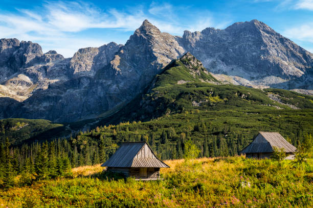 Vacations in Poland - Gasienicowa Valley, Tatra Mountains, Poland Gasienicowa Valley with abandoned in the 40's the shepherd huts, Tatra Mountains, Poland carpathian mountain range photos stock pictures, royalty-free photos & images