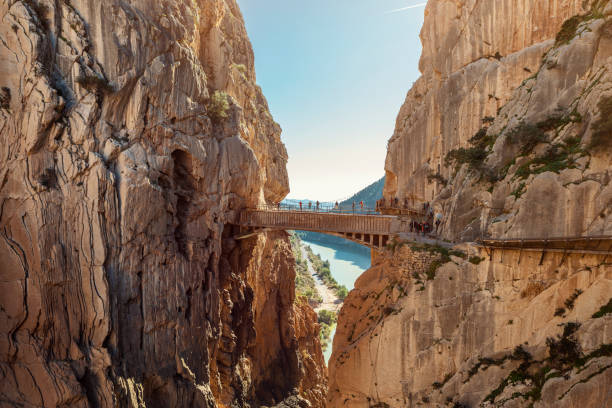 Caminito Del Rey end of the "Caminito Del Rey" hiking trail in Andalusia malaga spain stock pictures, royalty-free photos & images
