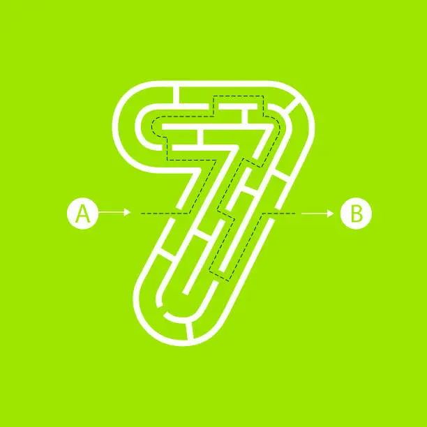 Vector illustration of Number seven shape Maze Labyrinth, maze with one way to entrance and one way to exit. Flat design, vector illustration.
