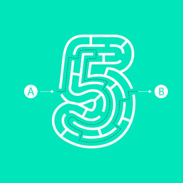 Vector illustration of Number five shape Maze Labyrinth, maze with one way to entrance and one way to exit. Flat design, vector illustration.