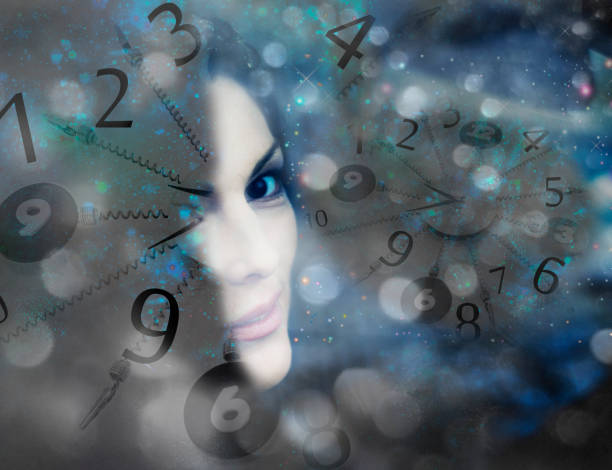 istock Woman cyborg, mysterious numerology, space figures 1130861123