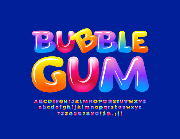 ilustraciones, imágenes clip art, dibujos animados e iconos de stock de vector colorido emblema bubble gum con fuente brillante. alfabeto brillante dulce - behavior color image characters shiny