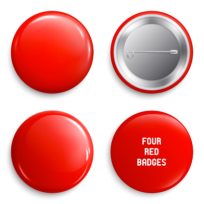 Vector blank red glossy badges or web buttons. Four different plastic pins, emblems, volunteer labels. Front and Back Side. 3d render.