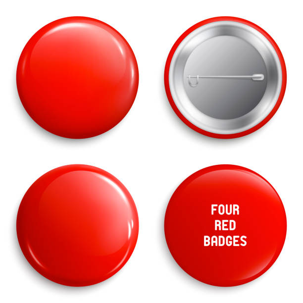 Vector blank red glossy badges or web buttons. Four different plastic pins, emblems, volunteer labels. Front and Back Side. 3d render. Vector. Vector blank red glossy badges or web buttons. Four different plastic pins, emblems, volunteer labels. Front and Back Side. 3d render. brooch stock illustrations