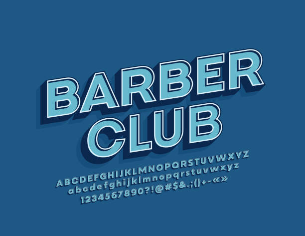 illustrazioni stock, clip art, cartoni animati e icone di tendenza di banner di design retrò vettoriale barber club con font 3d. alfabeto stile hipster - buying label sign sale