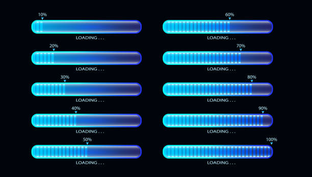 ilustrações de stock, clip art, desenhos animados e ícones de glowing blue progress loading bar vector illustration, technology concept - 100 meter