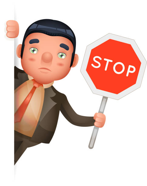 istock Stop sign hold in hand businessman look out corner cartoon character design isolated vector illustration 1130866992