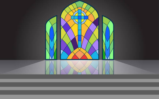 Web colorful windows in the temple church borders stock illustrations