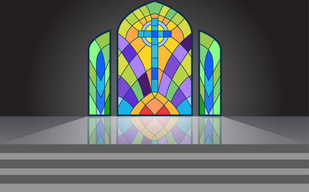 Web colorful windows in the temple catholic cross stock illustrations