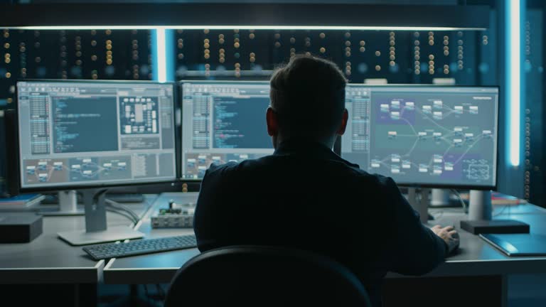 Professional IT Programer Working in Data Center on Desktop Computer with Three Displays, Doing Development of Software and Hardware. Displays Show Blockchain, Data Network Architecture. Back View