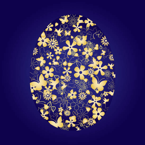 青い背景に飾られたイースターエッグ - floral pattern butterfly easter easter egg点のイラスト素材／クリップアート素材／マンガ素材／アイコン素材