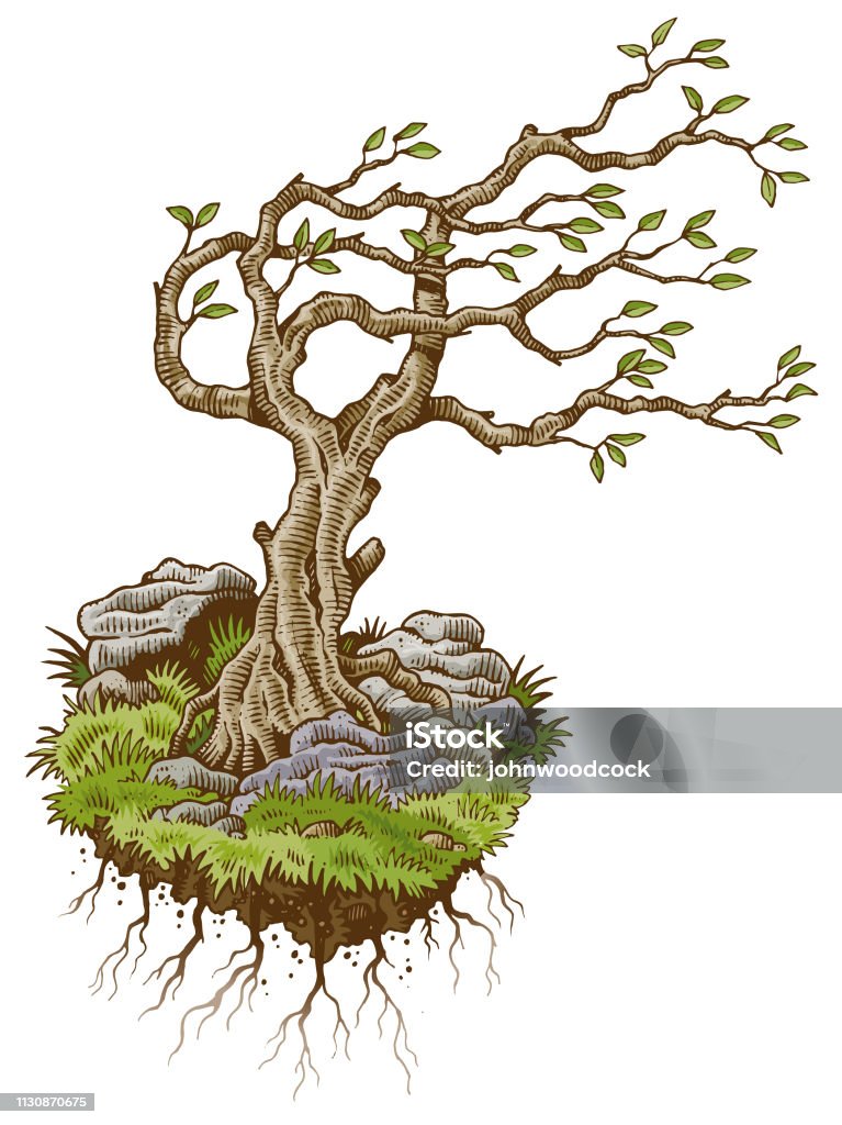 The last tree in the world illustration A lonely tree on a piece of landscape Scenics - Nature stock vector