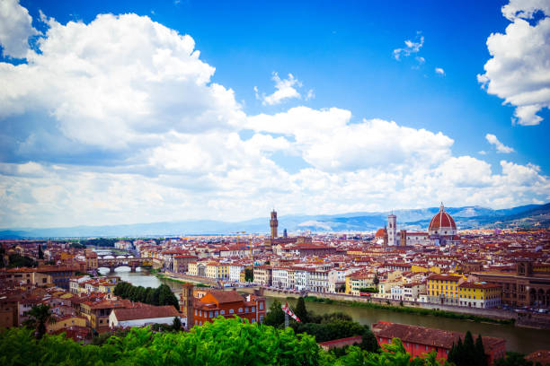 istock Beautiful panoramic view Florence Firenze, Italian renaissance churches. Summer scenery. Sunny day, blue sky with cumulus clouds. Florence, Tuscany, Italy 1130870784
