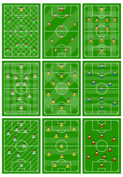 Set of nine football fields with a different scheme of players on the field Set of nine football fields with a different scheme of players on the field. Soccer field for playing. Vector illustration midfielder stock illustrations