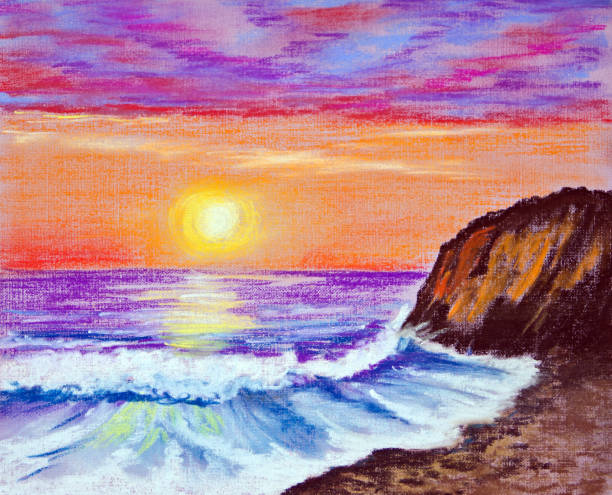 ilustrações, clipart, desenhos animados e ícones de por do sol bonito no mar. - illustration and painting stone beach cliff