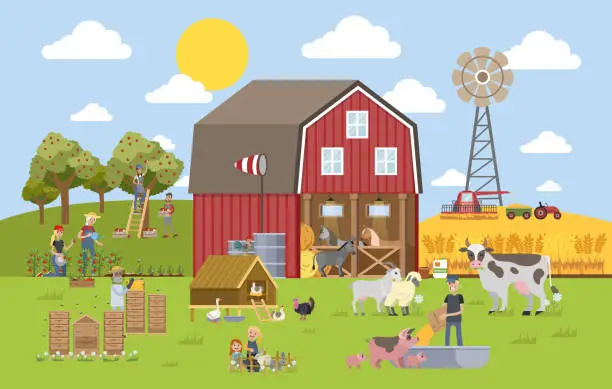 Vector illustration of Summer landscape with farm
