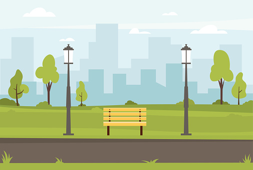Public park vector flat illustration. Spring landscape city park bench in outdoor. Public park outdoor with cityscape background. Vector illustration