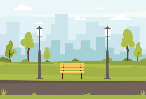 Public park vector flat illustration Public park vector flat illustration. Spring landscape city park bench in outdoor. Public park outdoor with cityscape background. Vector illustration indonesia street stock illustrations