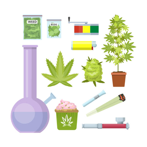 Smoking weed equipment Smoking weed equipment. Bong, marijuana, pipe and others. Beautiful flat icon set. Isolated vector illustration bong stock illustrations