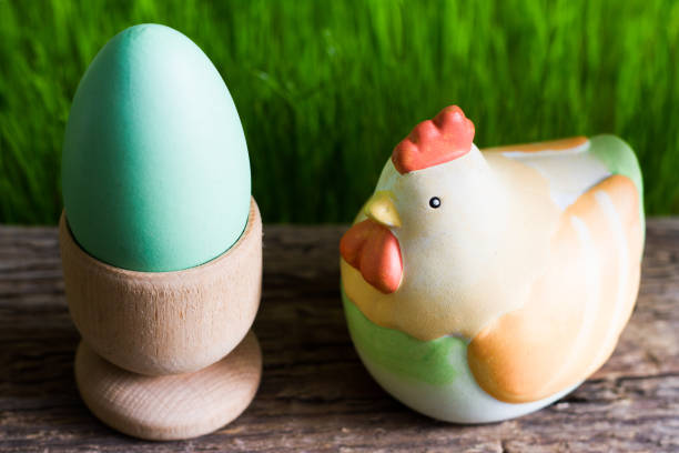 Colorful easter eggs on wooden plank and green grass concept
